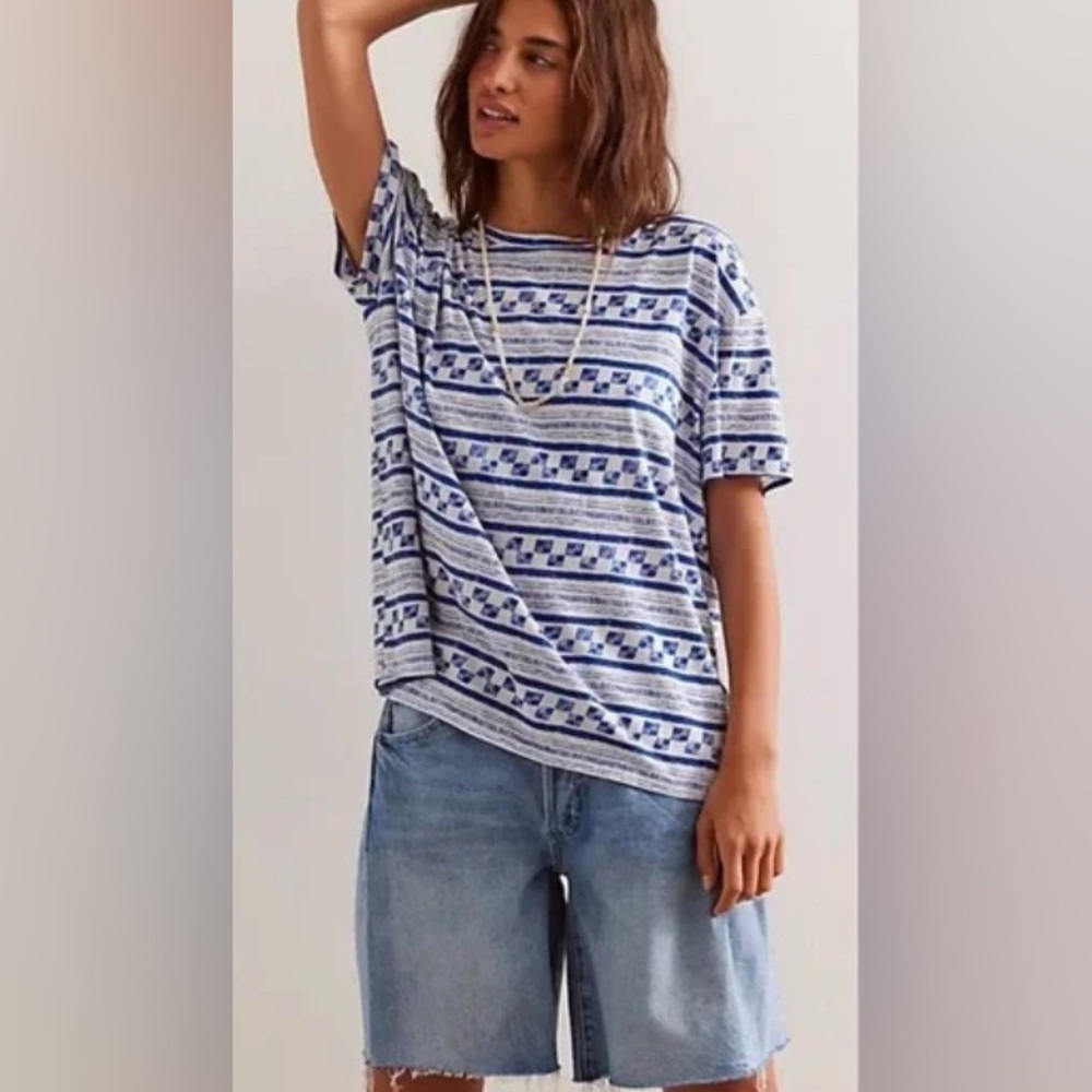 We The Free Striped Blue White Short Sleeve Tee